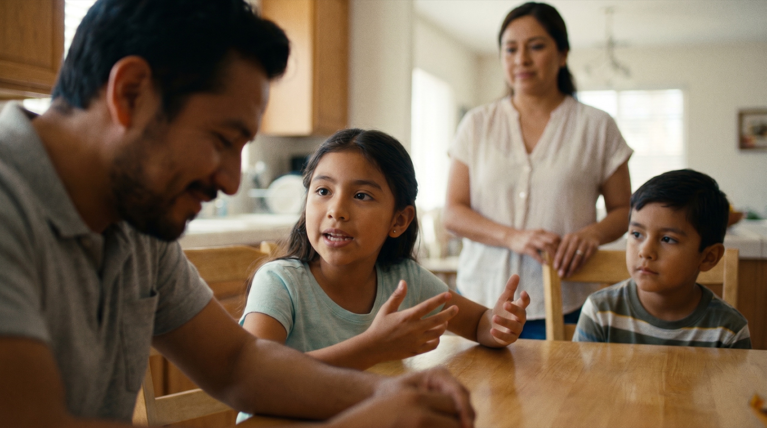 Familia mexicana desayunando junta en casa, luz cálida de mañana