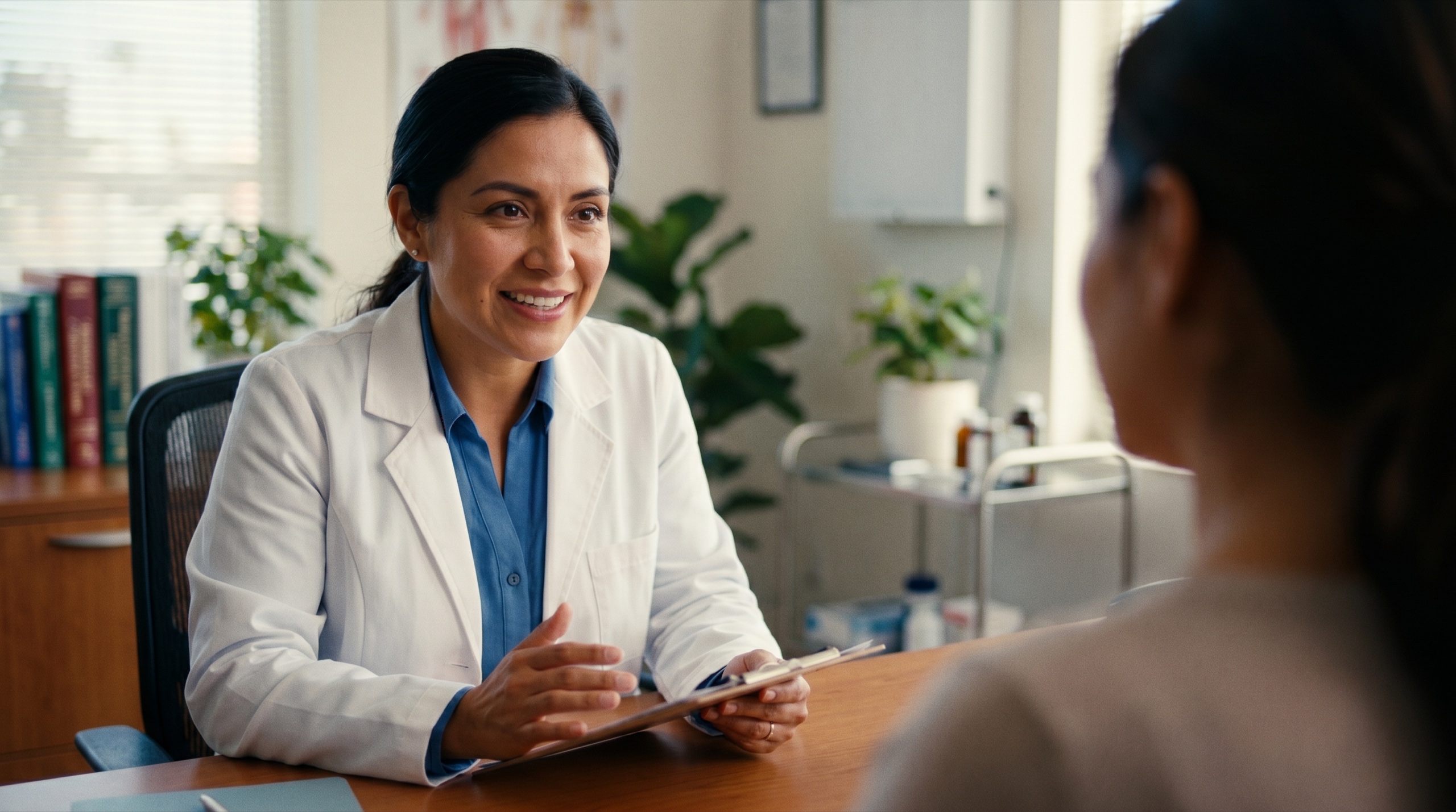 Doctora atendiendo con atención plena a una paciente en clínica moderna