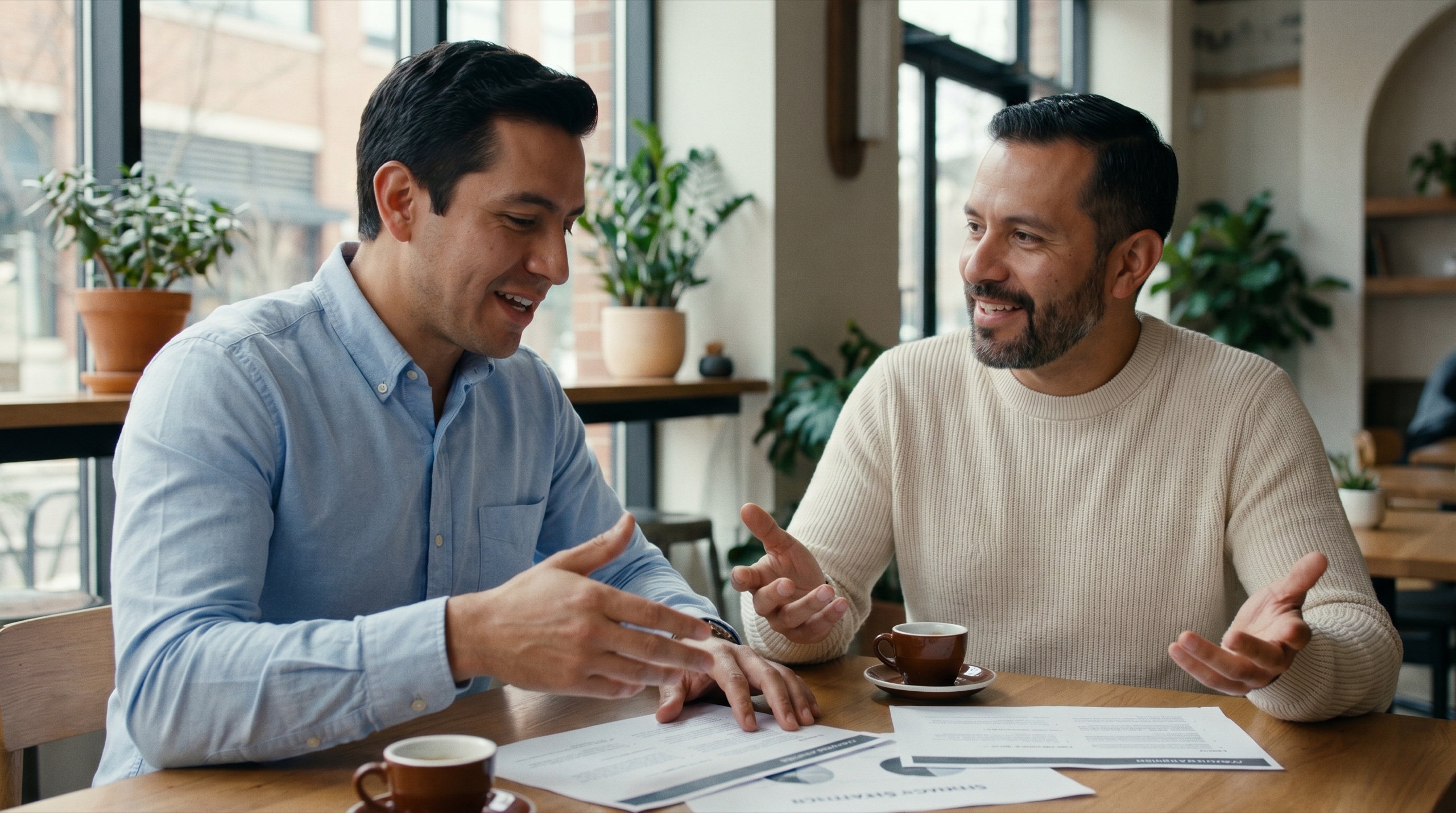 Dos emprendedores mexicanos riendo en un café mientras revisan papeles de trabajo