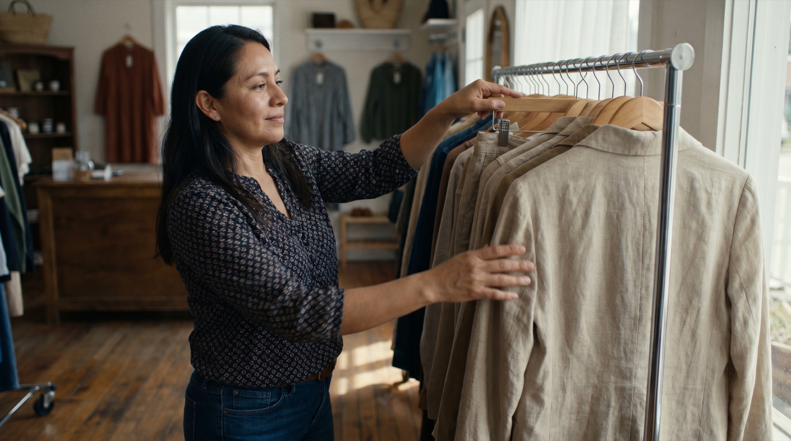 Dueña de boutique acomodando prendas en su tienda con luz natural cálida