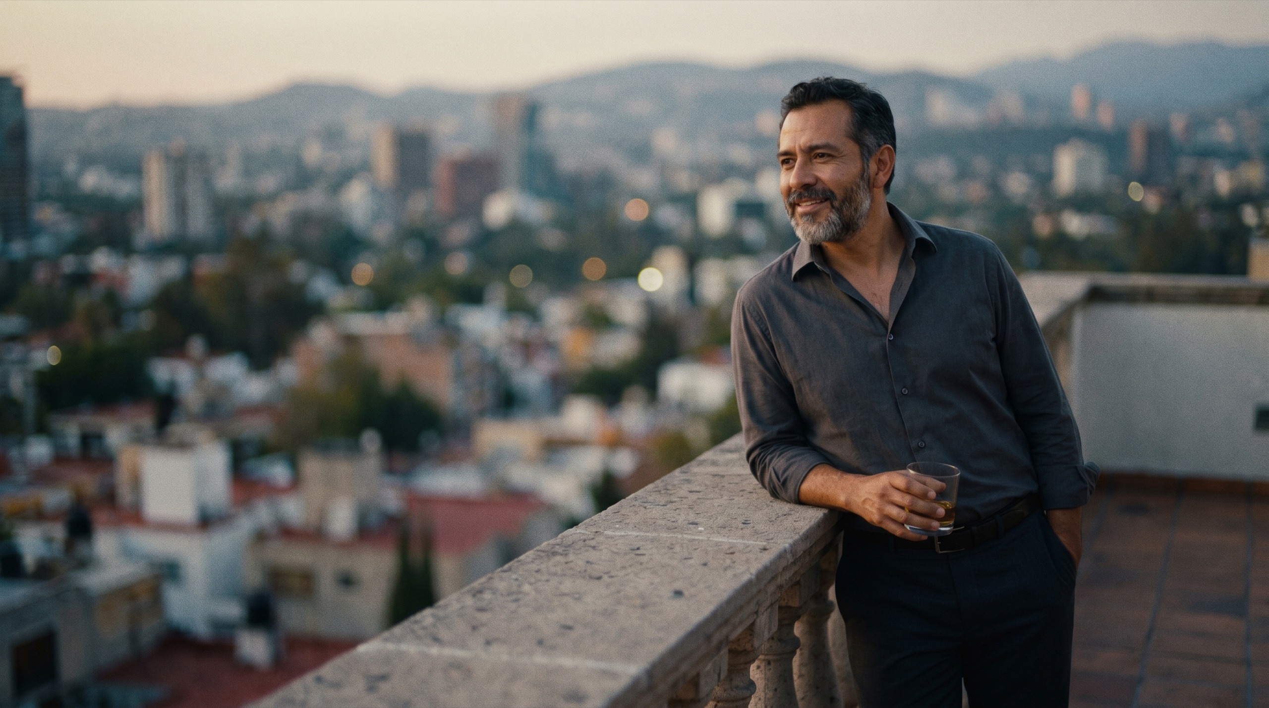 Profesional relajado contemplando el atardecer desde una terraza en la Ciudad de México