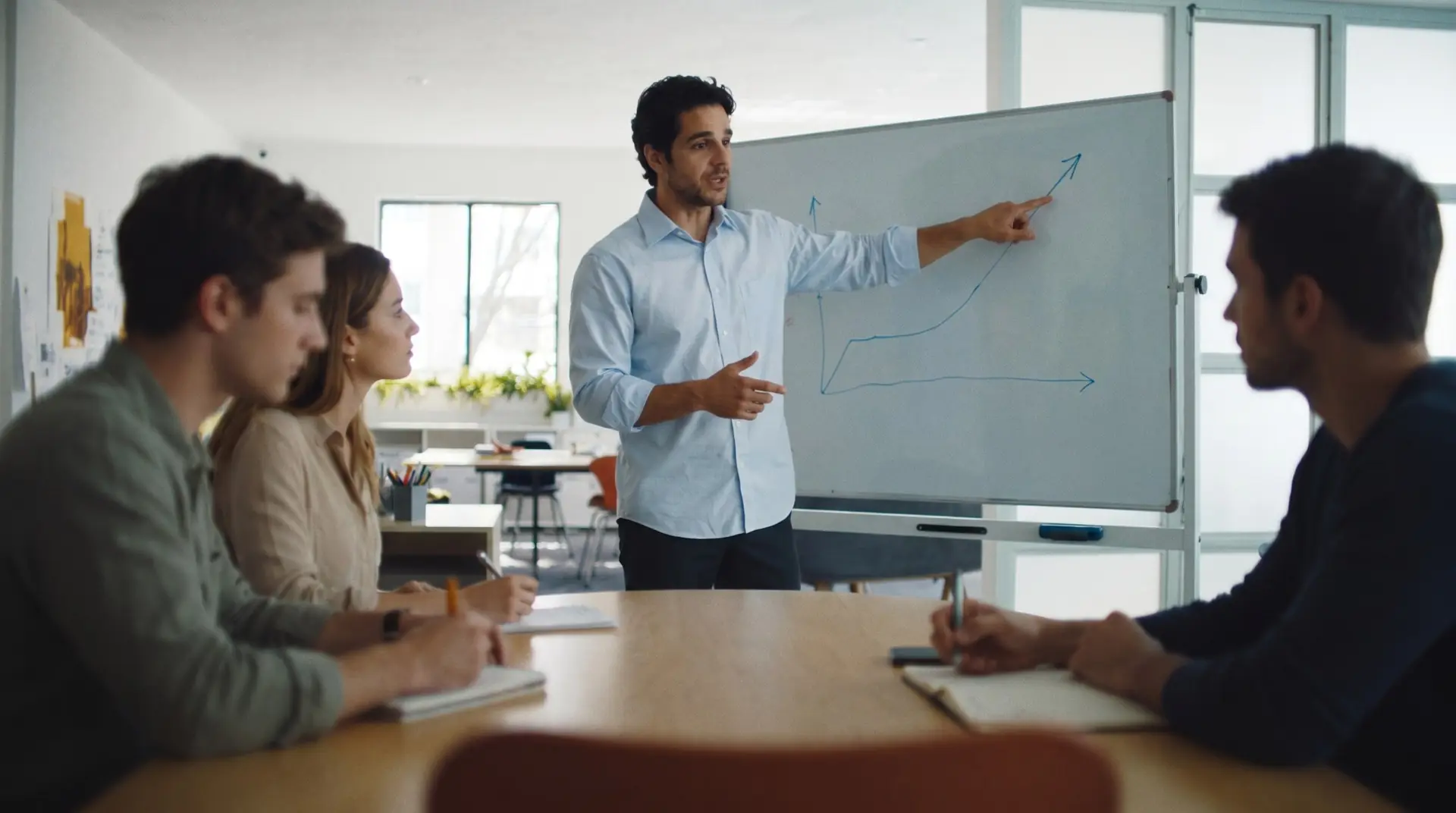 Joven líder explica un plan en el pizarrón a su equipo